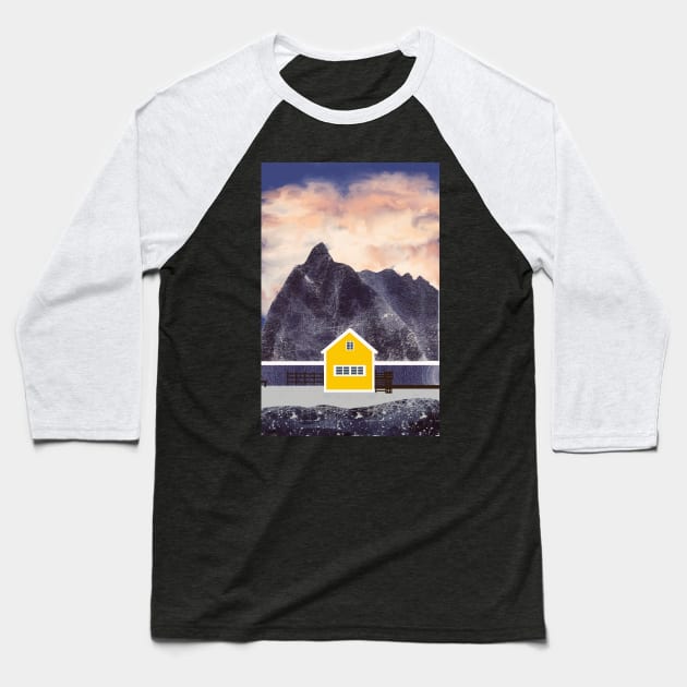 Yellow Little cabin in Norway Sakrisoy island In the dark Baseball T-Shirt by Mimie20